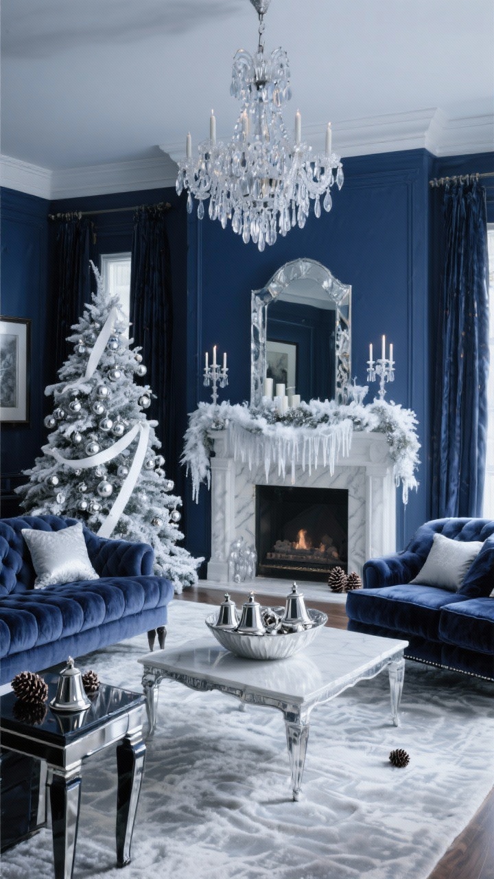 Medium-wide formal living room with cool evening light, straight-on: midnight blue walls and drapes, tufted navy sofa, crystal chandelier, lacquered side tables. Flocked tree decorated with silver mercury ornaments, white ribbon, and glass icicles. Mantel styled with frosted garlands, mirrored candlesticks, and snow-dusted pinecones. Silk rug, velvet pillows, and a bowl of silver bells on the table for crisp, wintry elegance. Silver, glass, and white accents gleaming, photorealistic.