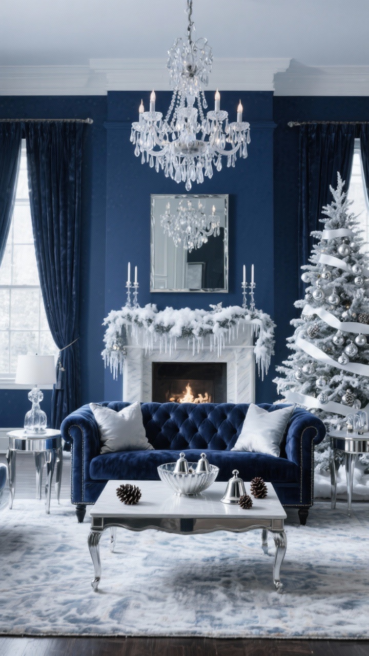 Medium-wide formal living room with cool evening light, straight-on: midnight blue walls and drapes, tufted navy sofa, crystal chandelier, lacquered side tables. Flocked tree decorated with silver mercury ornaments, white ribbon, and glass icicles. Mantel styled with frosted garlands, mirrored candlesticks, and snow-dusted pinecones. Silk rug, velvet pillows, and a bowl of silver bells on the table for crisp, wintry elegance. Silver, glass, and white accents gleaming, photorealistic.