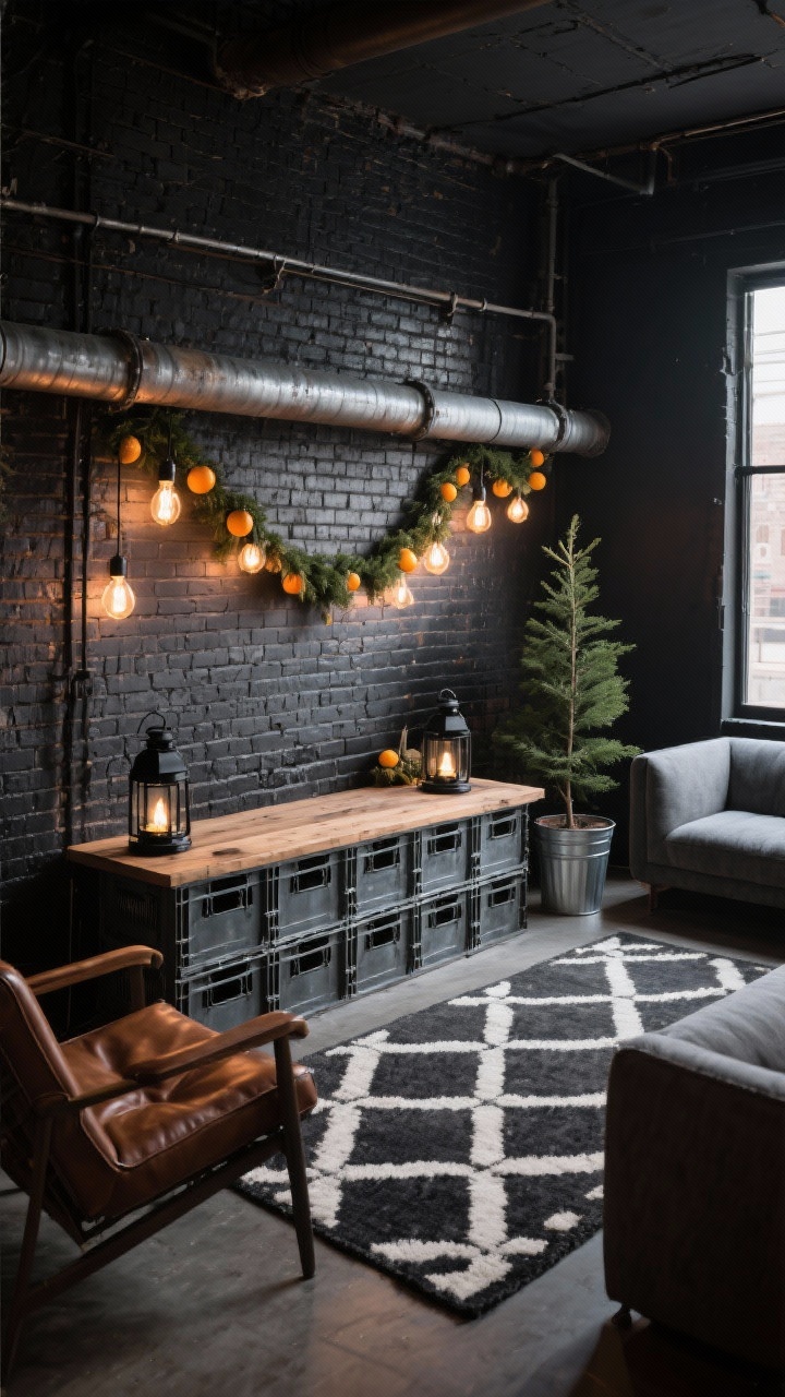 Medium wide urban loft lounge: exposed brick wall, black-and-ivory geometric rug. Long media console built from steel-toned milk crates flipped sideways, topped with a reclaimed wood plank. Warm Edison bulbs strung across a metal pipe curtain rod. Console styled with black lanterns, citrus garlands, and a galvanized bucket holding a slim evergreen tree. Leather chairs and a slate-gray sectional in frame. Palette: charcoal, cognac, gunmetal, evergreen. Evening ambient glow from Edison bulbs, industrial and edgy.