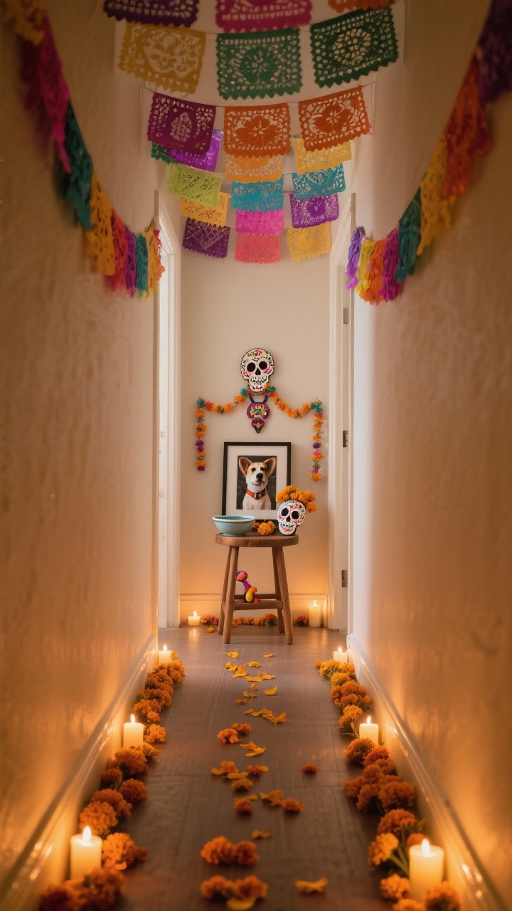 Narrow hallway wide shot, straight-on procession: baseboards lined with LED candles and fresh marigold petals sprinkled down a center runner, creating a glowing path. Overhead, layered papel picado forms a joyful tunnel of color. At the end, a pet ofrenda on a small stool: a framed pet photo, favorite toy, water bowl, tiny collar draped over a ceramic dish, a whimsical pet-themed sugar skull, and a mini garland. Palette: multicolor with warm neutrals to ground. Evening, warm LED candlelight, no people.