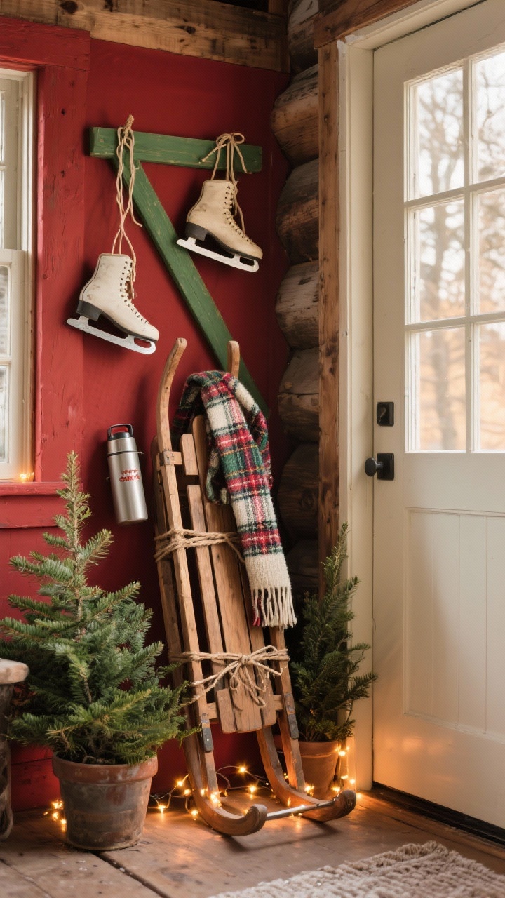 Nostalgic lodge vignette medium shot: a vintage wooden sled propped upright by the door; a knit scarf draped over the cross slats; old figure skates hanging from laces; a plaid Stanley-style thermos tucked beside; small potted evergreens flanking the sled tied with twine; warm twinkle lights scattered at the sled base; palette cranberry red, hunter green, cream, weathered wood; late afternoon warm light; slight low-angle for depth.