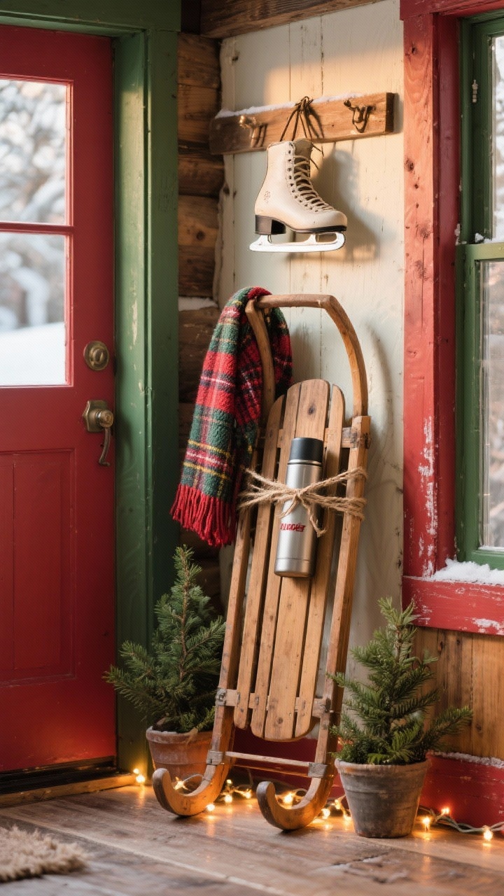 Nostalgic lodge vignette medium shot: a vintage wooden sled propped upright by the door; a knit scarf draped over the cross slats; old figure skates hanging from laces; a plaid Stanley-style thermos tucked beside; small potted evergreens flanking the sled tied with twine; warm twinkle lights scattered at the sled base; palette cranberry red, hunter green, cream, weathered wood; late afternoon warm light; slight low-angle for depth.