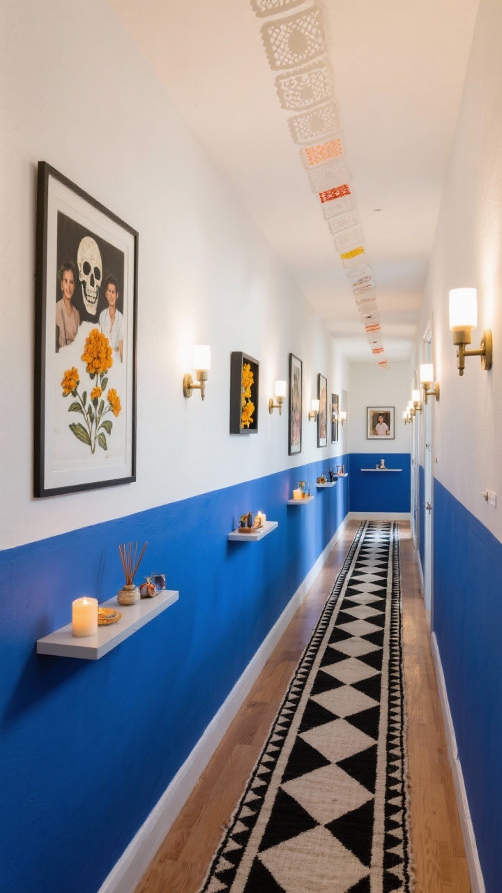 Overhead/angled hallway shot — Gallery-Style Hallway Ofrenda: A long hallway with the lower half of the wall painted bold cobalt and the upper half crisp white. A rhythmic sequence of frames along the wall: alternating family portraits, floral skull art, and pressed marigold shadow boxes. Slim floating shelf beneath holding votives, incense, and tiny keepsakes. Picture lights or battery sconces spotlighting each frame. A black-and-cream runner with a subtle diamond pattern stretches the length, and a single strand of mini papel picado runs along the ceiling line. Clean, gallery-like lighting with warm highlights, photorealistic.