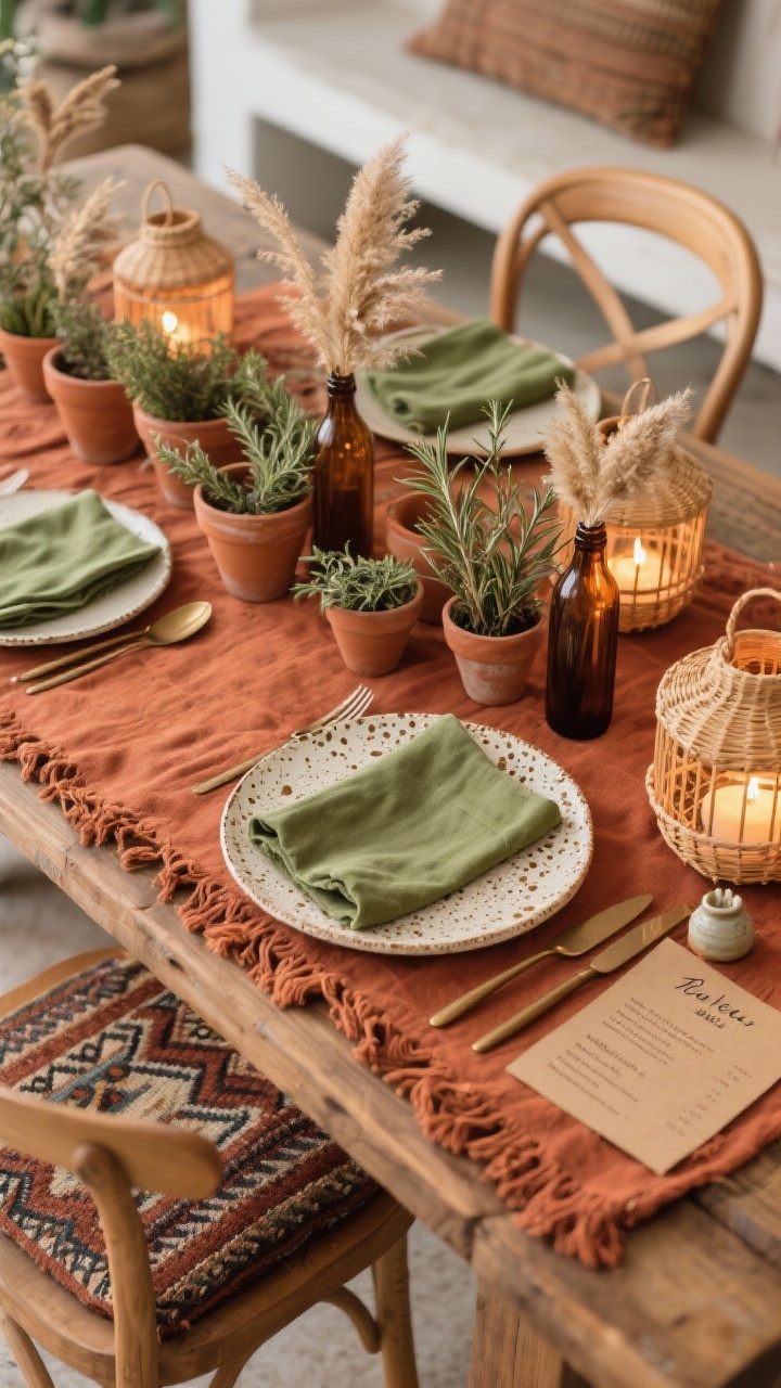 Overhead closeup detail of earthy boho textures and tones: terracotta fringed runner over wood table, speckled ceramic plates, olive-green linen napkins; clusters of terra-cotta pots with rosemary and thyme alongside amber glass bottles holding dried palms and pampas; low rattan lanterns with tea lights casting warm, soft light. Mix of bentwood chair and bench edge with kilim cushion peeking in frame, brushed bronze flatware, handwritten kraft paper menu and small ceramic name tag. Palette of rust, clay, olive, cream; relaxed and cozy, photorealistic.