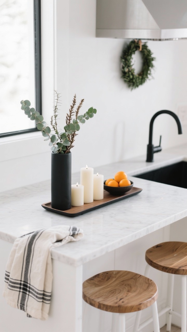 Overhead detail of a minimal monochrome kitchen island vignette: matte white surface with a narrow black tray holding pillar candles at staggered heights, tall cylinder vase with eucalyptus and cedar stems, small bowl of clementines providing color; edges reveal light quartz counters, thin black hardware, matte black faucet, and white oak bar stools; linen tea towel with thin black stripes draped neatly; a minimal magnetic wreath (ring of greenery) clipped to the range hood visible in top edge; palette white, black, oak, fresh green; bright natural light, uncluttered, photorealistic.