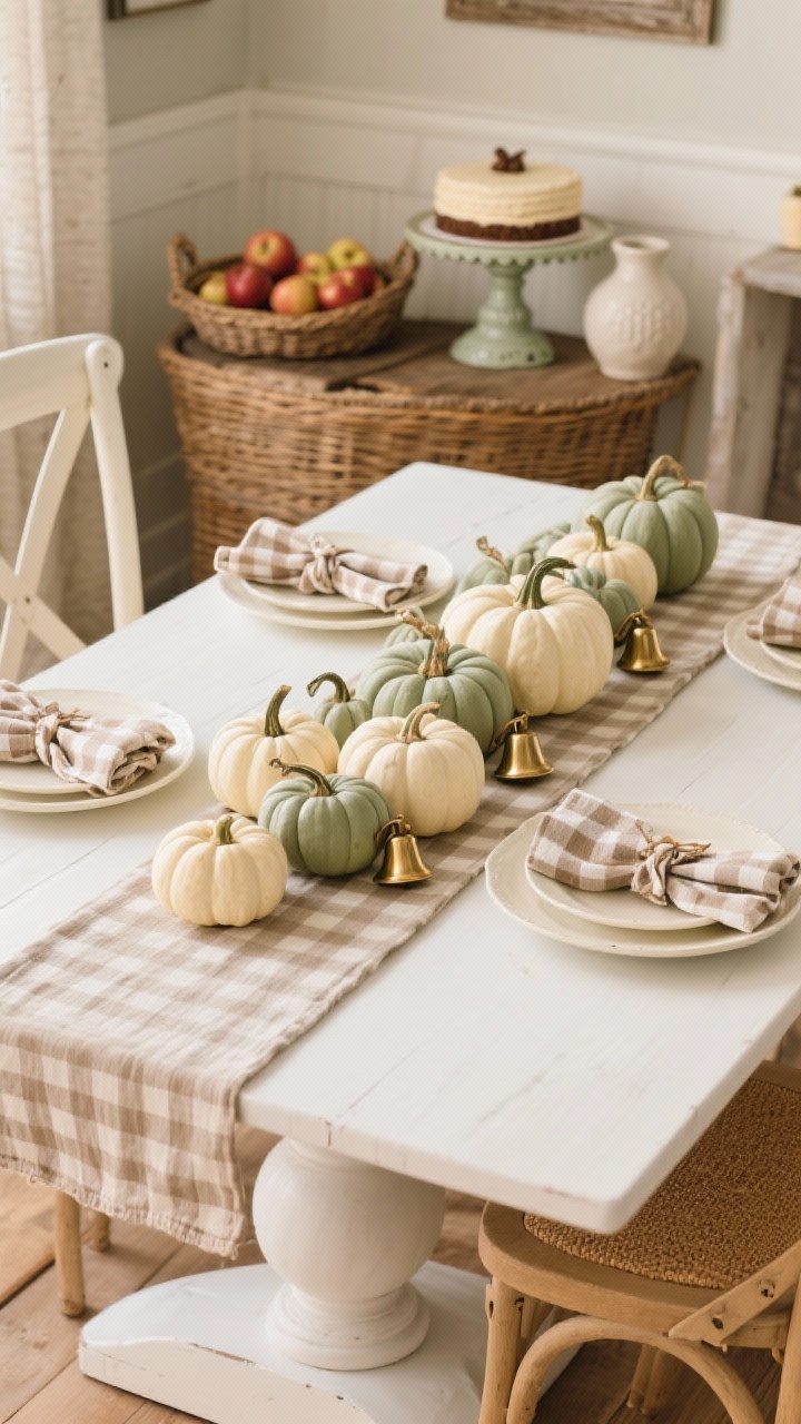 Overhead detail of dining centerpiece: a white pedestal table with a gingham runner down the center; clustered small pumpkins—some wrapped with gingham ribbon, others painted buttercream and sage—each with tiny brass bells tied at the stems; plaid napkins on cream plates, a basket of apples, and a vintage cake stand nearby; warm farmhouse light, textures of wicker and cream ceramics; photorealistic, no people.
