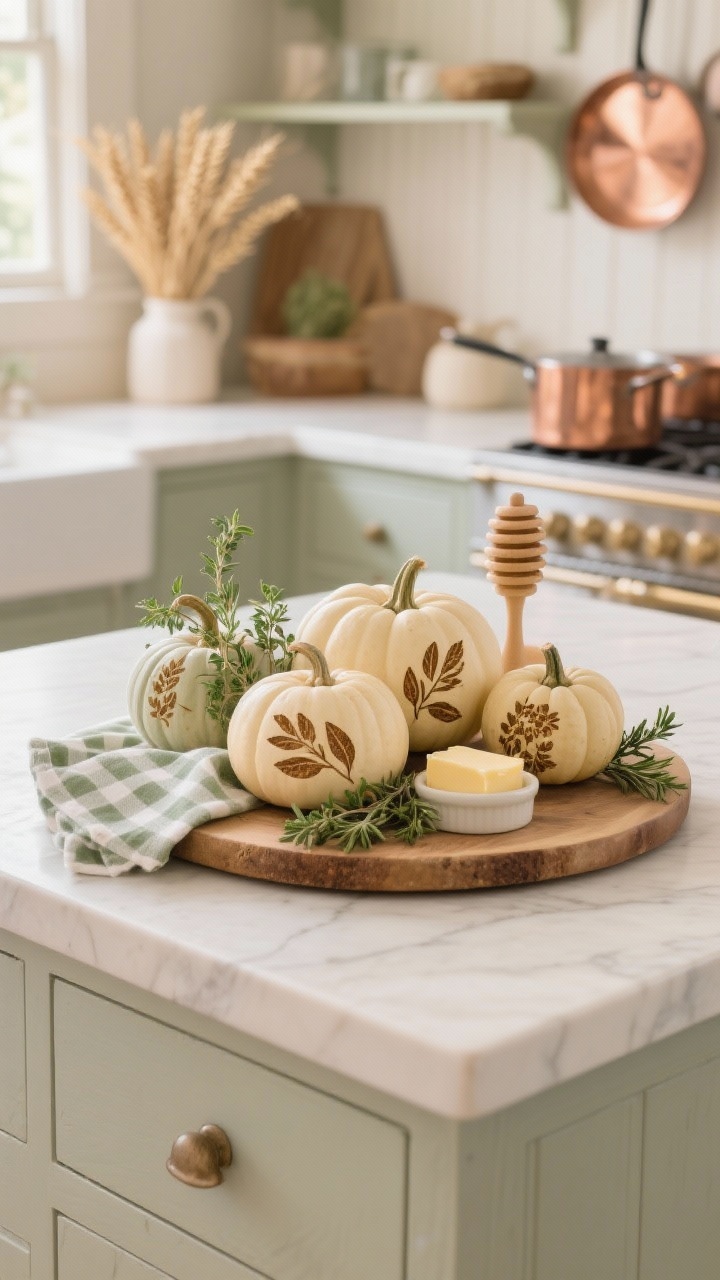 Overhead detail shot: A cottagecore kitchen island styled with small pumpkins stamped with fresh herb motifs (sage, rosemary, thyme) using natural dyes, arranged on a round breadboard with a gingham napkin peeking out; sprigs of oregano tucked between pumpkins, a honey pot, and a tiny butter crock; color story of buttercream, soft sage, wheat, and copper reflections from nearby pans; soft sunlit morning light, open-shelf background blur, photorealistic.