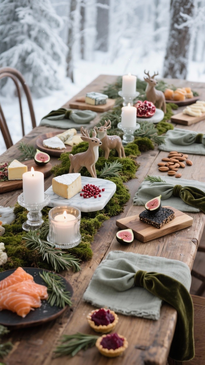 Overhead detail shot: A frosted forest grazing table built along a moss-and-cedar runner on a reclaimed wood dining table. White pillar candles in frosted glass votives, ceramic woodland animals tucked between greenery. Marble and wood boards at varied heights hold brie, aged gouda, pomegranate seeds, rosemary almonds, figs, smoked salmon on black rye, and mini beet tartlets. Linen napkins with velvet ties nearby. Color palette: sage, white, espresso wood, soft gray. Cool, diffused lighting for a snowy, enchanted mood. Photorealistic.