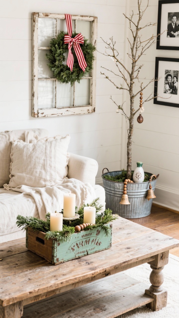 Overhead detail shot: Farmhouse coffee table styled with a vintage crate filled with greenery and pillar candles atop distressed wood; nearby a sparse tree in a galvanized tub adorned with ceramic bells, wooden beads, and family ornaments; wall-mounted old window frame as backdrop for a wreath tied with red ticking stripe ribbon; textures of linen, cotton, distressed wood, and tin; cream, muted red, and sage accents; framed black-and-white holiday photos in view.