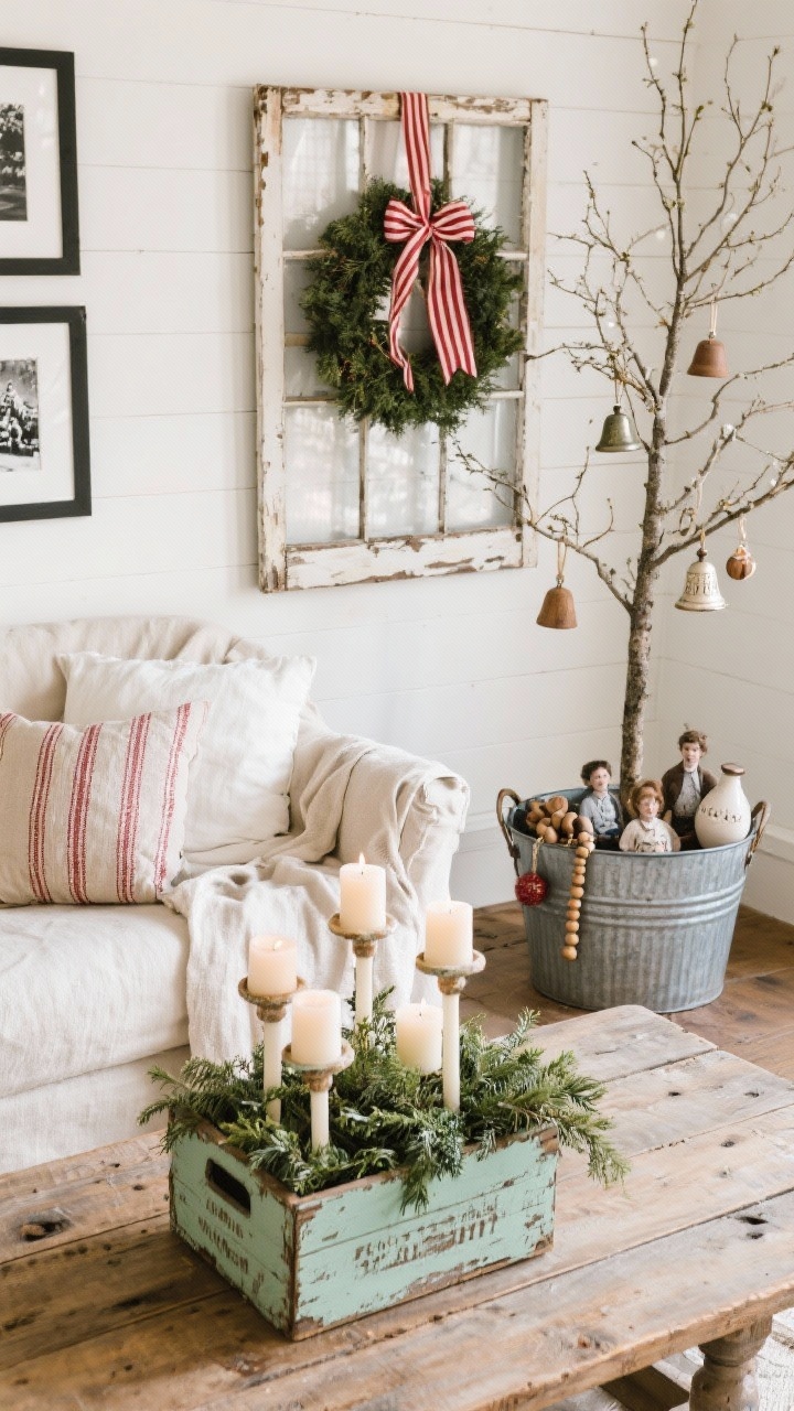Overhead detail shot: Farmhouse coffee table styled with a vintage crate filled with greenery and pillar candles atop distressed wood; nearby a sparse tree in a galvanized tub adorned with ceramic bells, wooden beads, and family ornaments; wall-mounted old window frame as backdrop for a wreath tied with red ticking stripe ribbon; textures of linen, cotton, distressed wood, and tin; cream, muted red, and sage accents; framed black-and-white holiday photos in view.