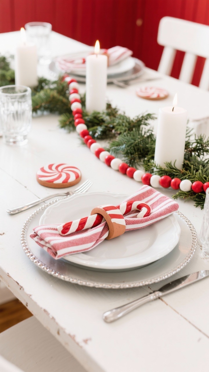 Overhead detail shot of a dining place setting in a classic red-and-white room: white plate with a striped napkin held by a clay candy cane napkin ring hand-painted with cherry-red stripes; matching clay peppermint coaster under a stainless-steel-accented glass, bead garland centerpiece in alternating red-and-white clay beads running down a farmhouse table; white pillar candles and holly sprigs nearby; crisp, bright lighting for a festive, graphic look.