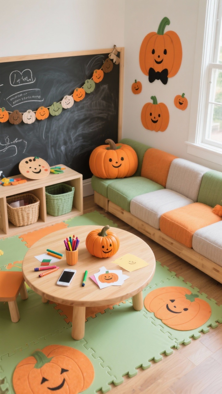 Overhead detail shot of a kid-friendly craft zone in a playroom: foam play mat in pumpkin and sage tiles, round maple table with crayons and paper pumpkins; iPhone wallpaper on nearby wall showing cartoon pumpkins with tiny bow ties and smiles; edges of a low modular sofa in washable fabric, felt garland draped along a chalkboard wall, soft storage baskets; palette soft orange, sage, warm maple, chalk white; bright natural daylight, photorealistic.