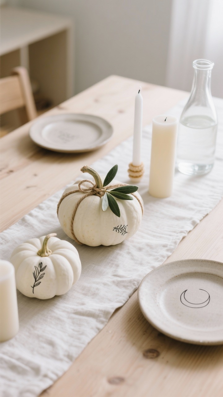 Overhead detail shot of a Scandinavian dining table: pale linen runner on light wood, stoneware plates, tapered beeswax candles, and a clear carafe of water. Linen-wrapped pumpkins tied at the stem with twine and a sprig of olive branch, plus matte white pumpkins adorned with fine-tip paint pen minimal line art (botanical sketches and simple moons). Soft natural daylight, palette of white, oatmeal, soft taupe, and olive; mood soft, unfussy, and poetic.