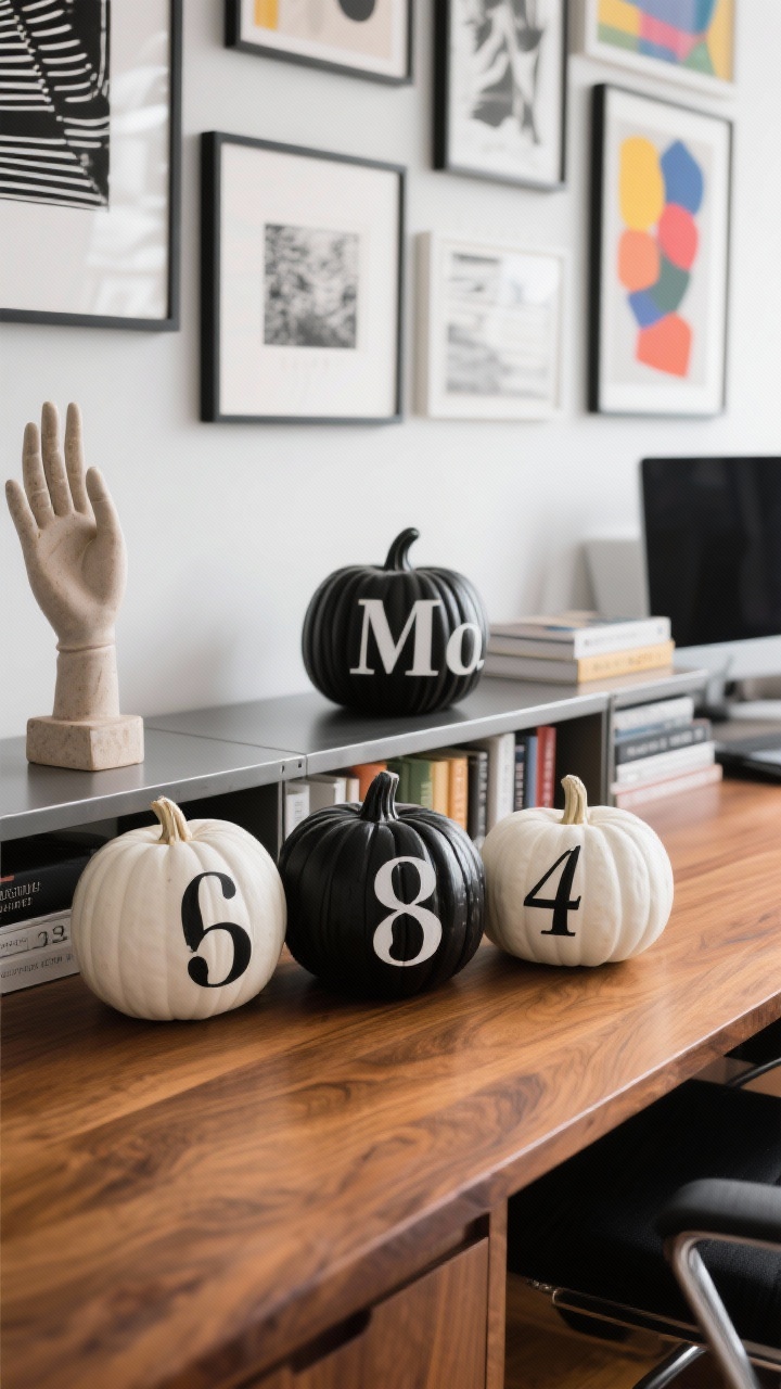 Overhead detail shot of an eclectic office desktop: warm walnut desk surface with a few hand-lettered typography pumpkins—matte white pumpkins with bold black sans-serif words and matte black pumpkins with crisp white classic serif initials and numbers. Nearby, a steel bookshelf edge with design books and a ceramic hand sculpture partially in frame; hints of a mixed gallery wall with black-and-white prints and colorful abstracts in the background blur. Palette of walnut, cognac, black, white with pops of art color; bright studio lighting, photorealistic.
