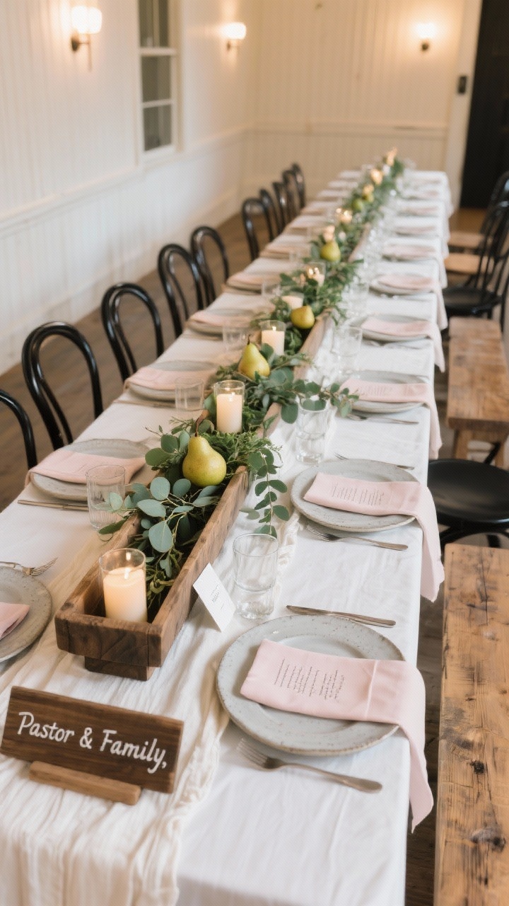 Overhead detail shot of banquet table styling: long farmhouse-style tables with white runners; layered plates in cream and soft gray on stoneware; low wooden trough centerpieces filled with eucalyptus, pears, and glass votive candles for a laid-back elegant vibe; mix of black bentwood chairs and simple benches visible at edges; head table detail includes a small wooden sign reading “Pastor & Family,” greenery garland, and blush napkins; place cards printed with a short Scripture or prayer; textures stoneware, linen, raw wood, glass; palette white, eucalyptus green, wood, black accents; warm ambient hall lighting; photorealistic, no people.