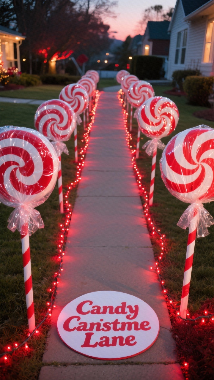 Overhead-to-oblique walkway medium-wide shot: foam board circles painted with red-and-white peppermint swirls, wrapped in shiny clear cellophane like giant lollipops, hot-glued to yard stakes lining both sides of the path; red string lights woven along the edges; a playful “Candy Cane Lane” sign at the start; palette bright red, white, clear cellophane sparkle; vibrant dusk lighting for glow; slightly elevated perspective.