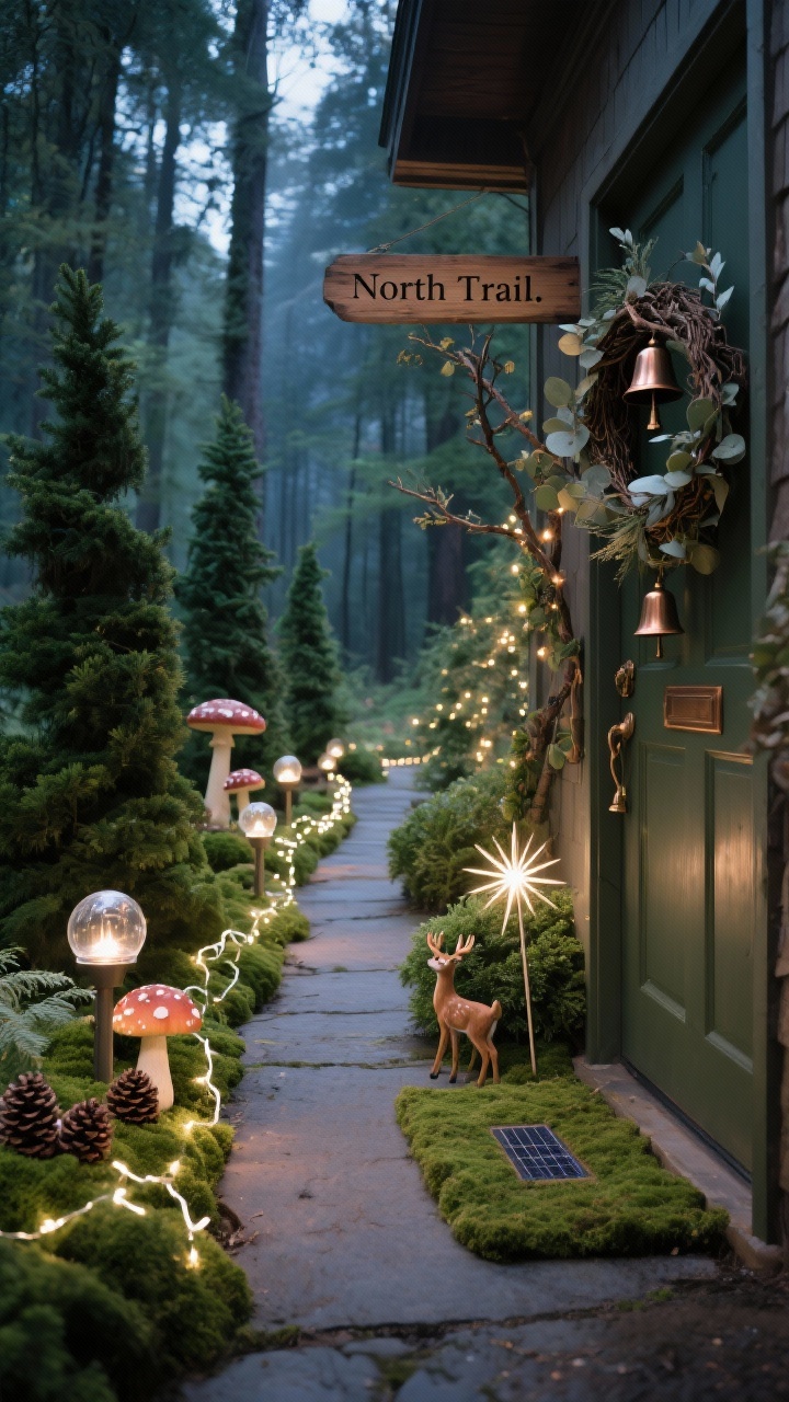 Pathway wide shot, low angle: An enchanted forest walkway lined with pre-lit faux evergreens in varying heights, velvet mushrooms peeking from moss, pinecones, and small deer figurines. Warm white fairy lights wrap low bushes for soft shimmer. Solar pathway lights with frosted domes guide the path; starburst stake lights sparkle in garden beds. A mossy doormat and bronze bells hang on the door; a wooden signpost reads “North Trail.” A branchy wreath with eucalyptus and bronze bells on the door. Palette: deep green, moss, bronze, warm white. Photorealistic, moody twilight ambience.