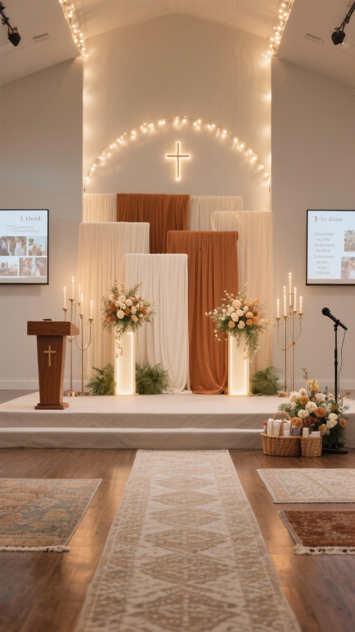 Photorealistic celebration stage, wide frontal shot with layered lighting: fabric panels in ivory, warm sand, and a rich accent color echoing church branding; staggered pedestals with florals in cream, toffee, and greenery; two tall LED floor candelabras; pair of mid-century wood lecterns for warm symmetry; backdrop halo of string lights or LED wall washers casting a soft glow; floor styling with layered rugs—neutral base and a patterned runner leading the eye; discreet screen cycling photos, quotes, milestones; clean floral near the mic and a designated area for gift baskets; celebratory yet refined atmosphere, no people.
