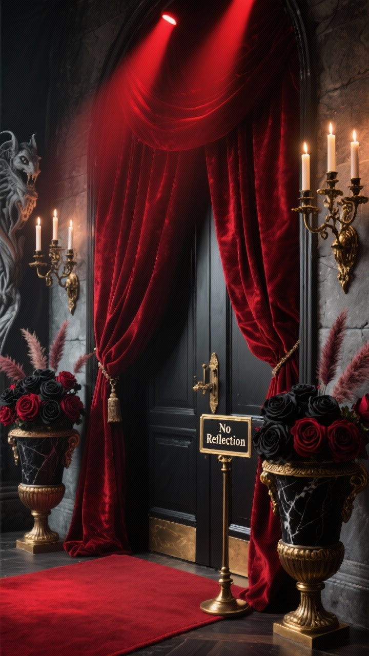 Photorealistic closeup detail at a door: crimson velvet curtains draped around the entrance with rich folds and texture; black candelabra-style sconces with LED tapers flanking the door; gothic urns filled with black roses and burgundy pampas grass; a small brass “No Reflection” sign on a vintage stand; deep red spotlights grazing upward creating dramatic shadows; hints of a red carpet edge and a stone gargoyle silhouette; palette of blood red, onyx, antique gold; opulent vampire manor mood, no people.