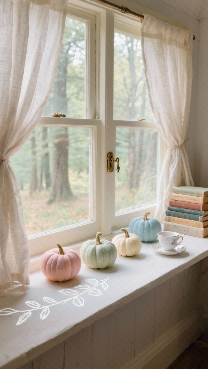 Photorealistic closeup detail of a cozy cottage window ledge: deep windowsill with linen cafe curtains and a small vintage brass latch, soft forest view beyond. Four tiny pumpkins painted in watercolor pastels—dusty rose, faded sage, pale buttercream, misty blue—each with whisper-thin white paint leaves hand-drawn on the surface. Include a small stack of well-loved paperbacks and a teacup saucer used as a mini pedestal. Warm natural sunlight filtering through linen; feminine, soft mood.