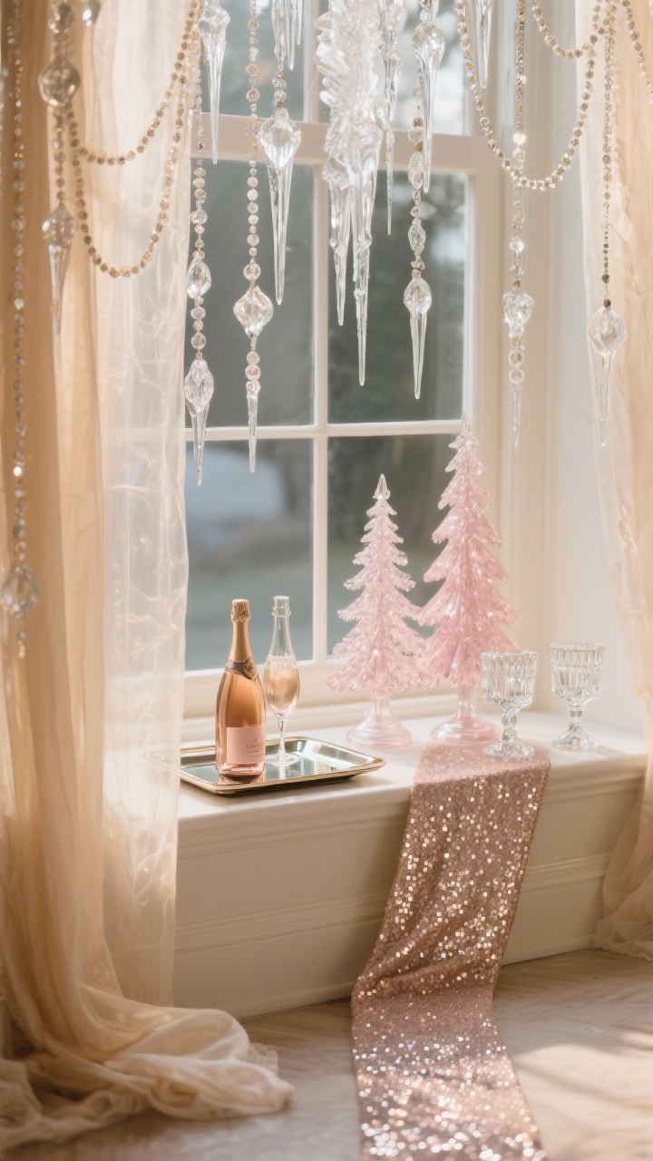 Photorealistic closeup detail of a “Glam Champagne Icicles” window: sheer champagne drapes gently puddling on the floor. Glass icicle ornaments mixed with beaded strands catching warm light, suspended at varied lengths. On the sill, a mirrored tray anchoring champagne and blush glass trees of different heights, a subtle sequin runner beneath, and a pair of crystal votives shimmering. Colors: champagne, blush, clear crystal, warm white; opulent, sparkling elegance.