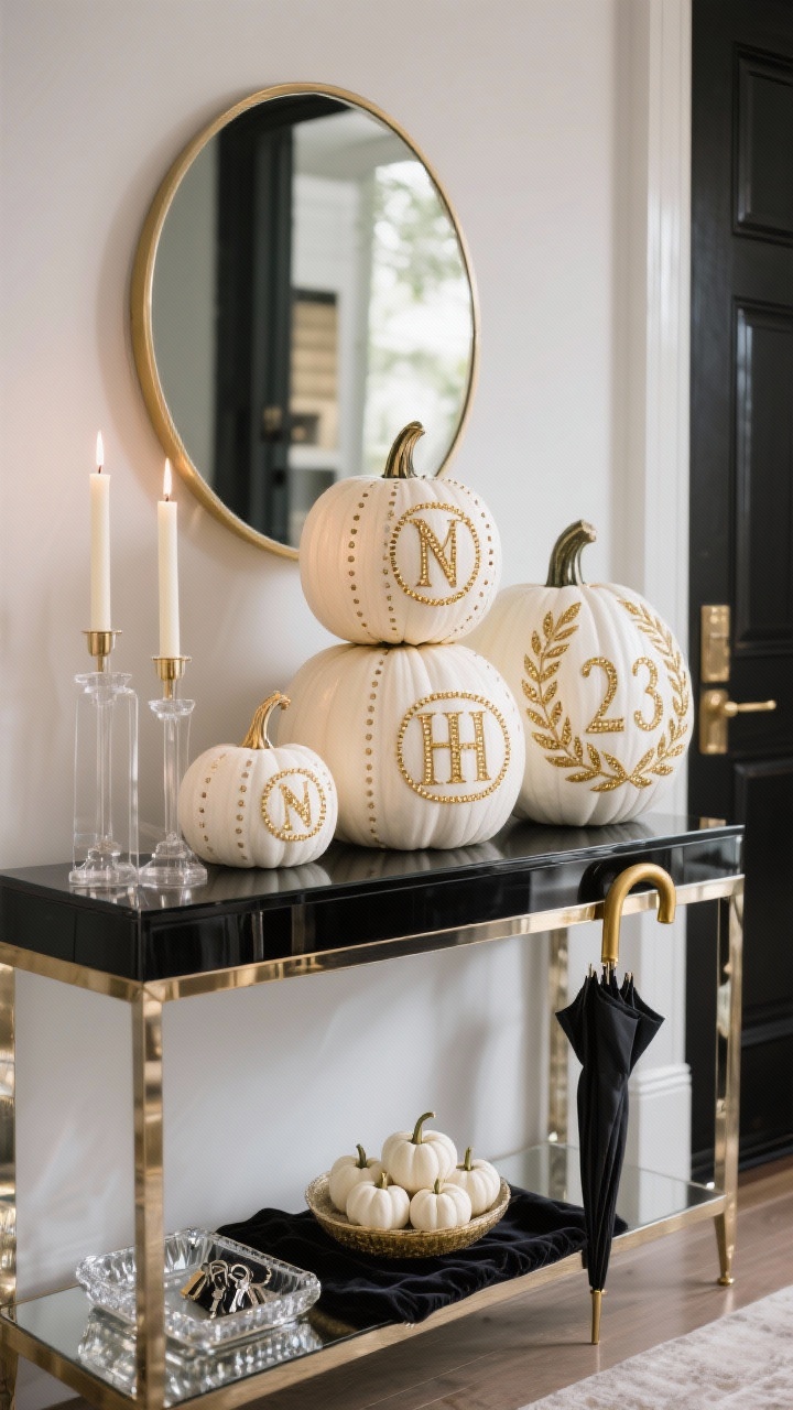 Photorealistic closeup detail of a Glam Entryway: stacked trio of pumpkins (small to large) carved with a monogram, house numbers, and a simple laurel wreath, each outlined with fine drilled dots for a halo effect. Set on a high-gloss console beneath an oversized round mirror; lucite taper candle holders with tall candles, a crystal or mirrored tray for keys, a bowl of mini white pumpkins, velvet runner, brass umbrella stand at the edge. Polished black, white, champagne, and soft gold palette; refined, luxe glow; shallow depth of field emphasizing the carving details.