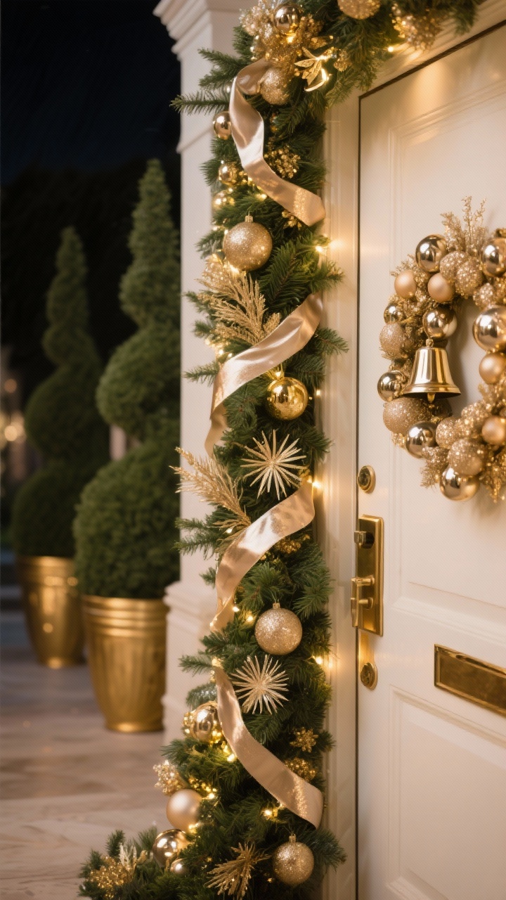 Photorealistic closeup detail of a luxe entry garland at night: lush evergreen draped around a doorway, heavily layered with gold and champagne metallic ornaments, shimmering picks, and metallic ribbon; champagne-hued LED lights casting a warm champagne glow; edge of a reflective brass bell cluster and metallic wreath on the door; blurred background shows tall topiaries in gold planters; palette champagne, gold, evergreen, ivory; rich, glamorous sparkle.