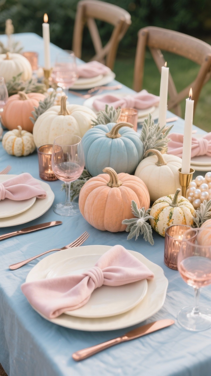 Photorealistic closeup detail of a pastel pumpkin patch centerpiece runway: soft blue tablecloth, cream plates, copper flatware, and blush wine glasses; dusty peach, pale blue, and cream pumpkins layered with lamb’s ear and heirloom gourds; pearlized votives and rose gold candleholders creating gentle shimmer; dusty rose napkins simply knotted; palette of pale blue, dusty rose, cream, copper; soft afternoon light highlighting velvety pumpkin textures and metallic gleam.
