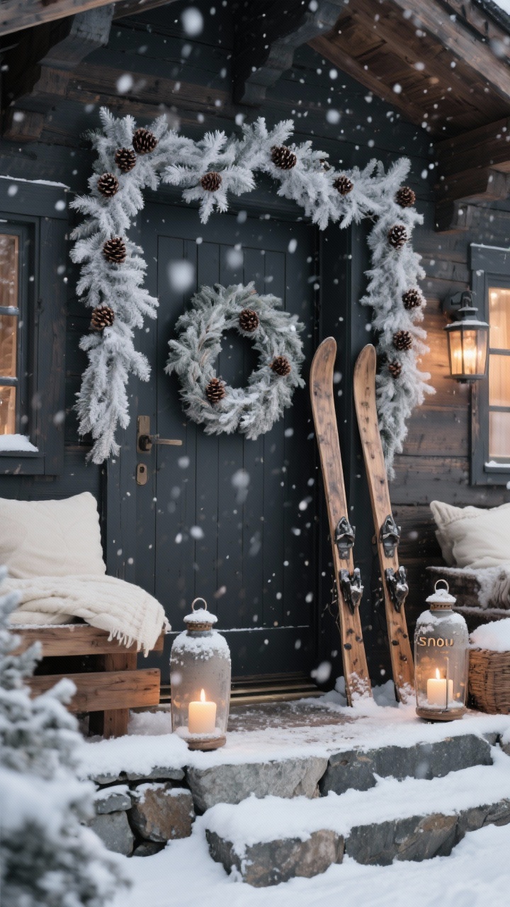 Photorealistic closeup detail of an alpine chalet doorway: frosted garlands and wreaths with tiny pinecones framing a charcoal-toned entry; pair of vintage wood skis leaning by the door; stoneware lanterns with warm candles set on steps dusted with “snow”; subtle snowfall projector effect creating a gentle falling snow pattern on the facade; accents of cream textiles and natural wood; moody, cozy, snow-kissed ambiance.