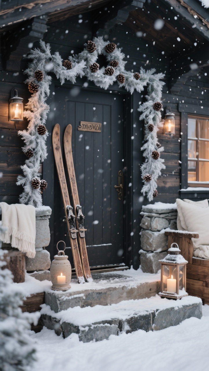 Photorealistic closeup detail of an alpine chalet doorway: frosted garlands and wreaths with tiny pinecones framing a charcoal-toned entry; pair of vintage wood skis leaning by the door; stoneware lanterns with warm candles set on steps dusted with “snow”; subtle snowfall projector effect creating a gentle falling snow pattern on the facade; accents of cream textiles and natural wood; moody, cozy, snow-kissed ambiance.