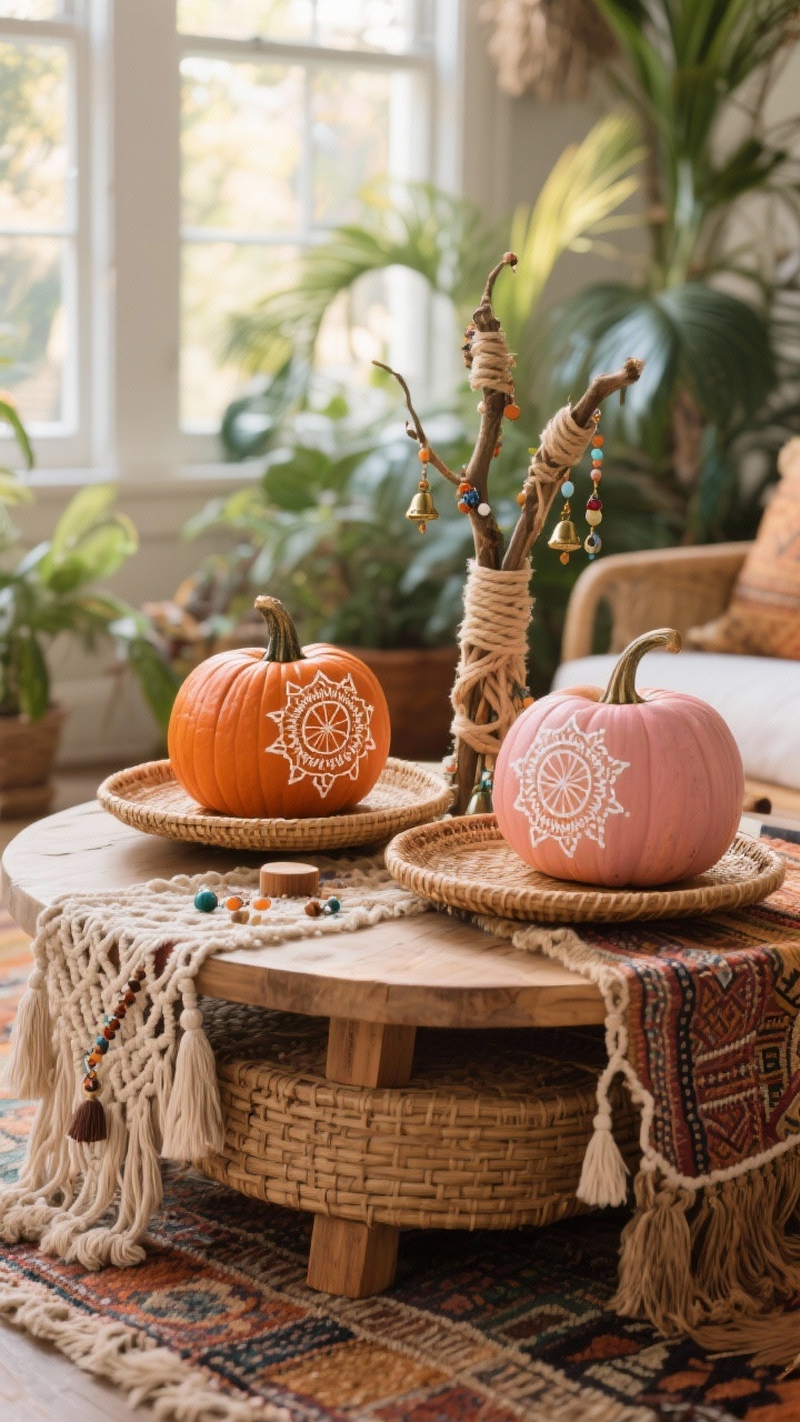 Photorealistic closeup/detail shot, Boho Sunroom Sanctuary: low Moroccan coffee table with layered rugs and rattan textures in the periphery, jungle of plants softly blurred behind. Foreground focus on pumpkins painted terracotta, burnt sienna, and dusty blush, decorated with white mandala paint-pen patterns. Stems wrapped with macramé tassels; jute twine draped with beaded charms and tiny bells like jewelry. Pumpkins rest on round rattan trays and small wood risers for earthy layering. Soft daylight streams through bright windows; warm, collected bohemian mood; no people.