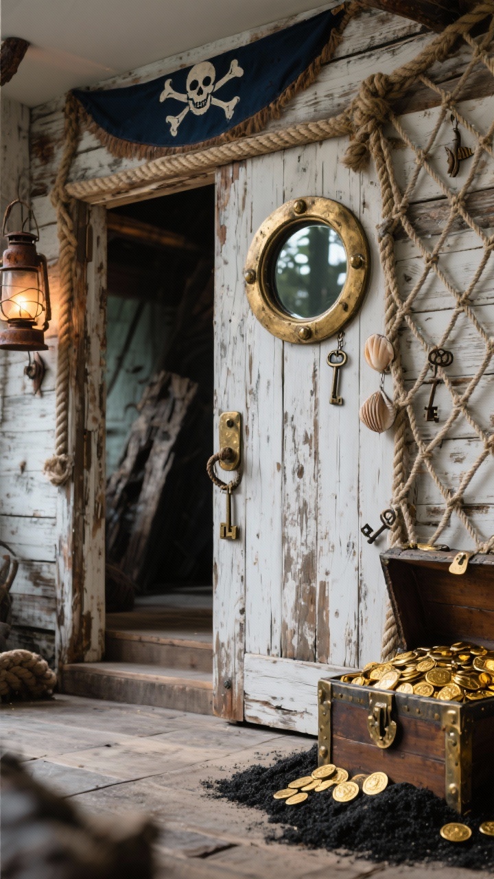 Photorealistic closeup/detail shot from a low corner angle of a Pirate’s Shipwreck Entry: faux wood plank backdrop with aged wood grain on the door surface; round “porthole” mirror mounted at eye level reflecting dim outdoor light; rope net crisscrossed along the frame with dangling shells and old keys; weathered textures of wood, rope, and tarnished brass emphasized; partial view of a treasure chest overflowing with faux gold coins and black sand at the side; Jolly Roger banner edge above the transom just entering the frame; rusted lantern with warm glow and a coiled rope by the step softly blurred in the background; color palette weathered wood, brass, nautical navy, bone white; no people.