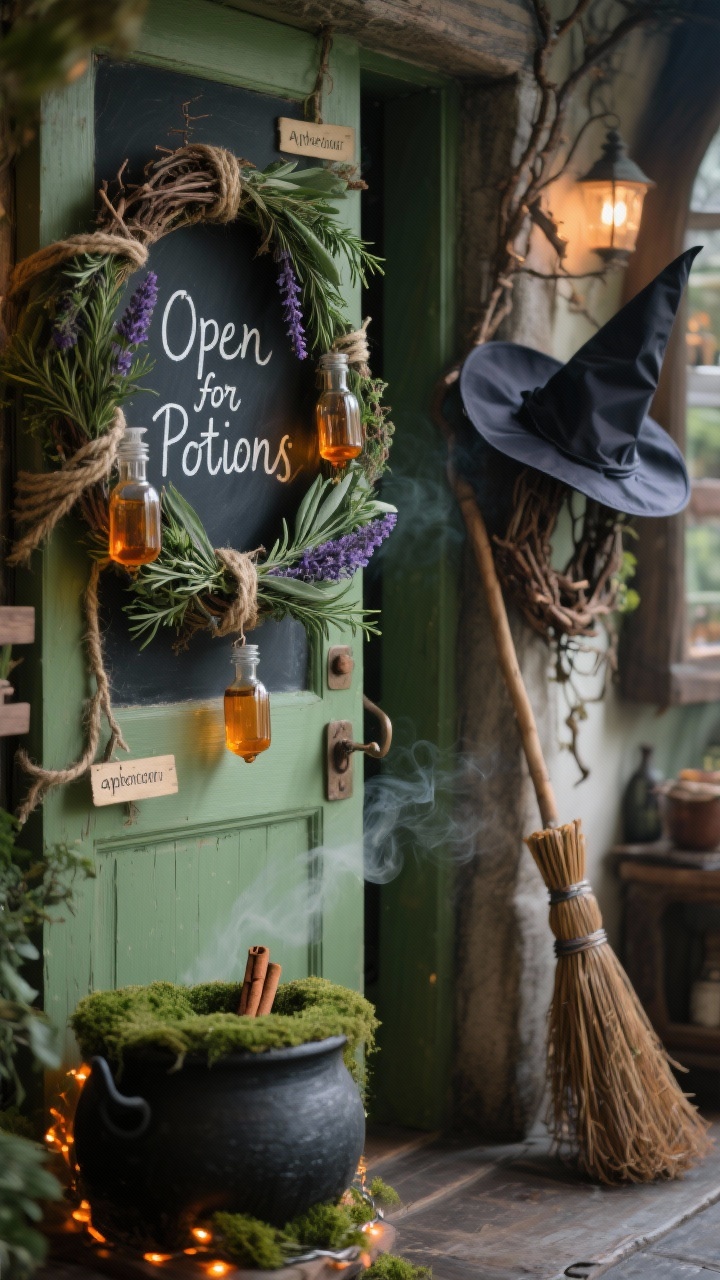 Photorealistic closeup/detail shot from a slight corner angle of a Witch’s Cottage Apothecary doorframe: twine-wrapped garland stuffed with faux herbs—sage, rosemary, lavender—with a few small dangling labeled apothecary bottles; a charcoal chalkboard sign reading “Open for Potions” in hand-lettered script partially in frame; natural twine textures, glass vials with amber glints; soft warm glow from a cauldron of moss with flickering orange fairy lights just out of focus; color palette moss green, charcoal, amber, natural twine; include a broom leaning by the jamb edge and the brim of a witch hat wreath trimmed with twigs, cinnamon sticks, and tiny brooms entering the frame; subtle clove-and-smoke mood, no people.