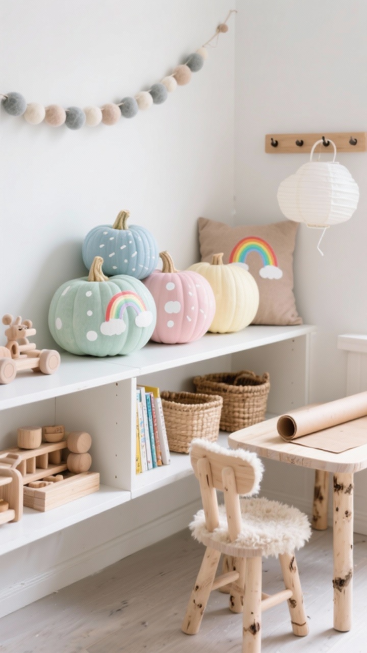 Photorealistic closeup detail shot, straight-on shelf view in a Scandinavian kids’ corner. On a low white bookshelf, cluster chalky pastel pumpkins (misty mint, powder blue, blush pink, soft butter) decorated with simple white graphic patterns—dots, dashes, tiny rainbows—next to neatly arranged wooden toys and a felt ball garland draped above. In soft-focus background: a birch kid-sized table with a roll of kraft paper, a little chair with a cozy sheepskin, peg rail with baskets, cloud-shaped pillow, paper lantern. Bright, diffused natural light; matte finishes and birch wood tones; playful, airy hygge vibe.