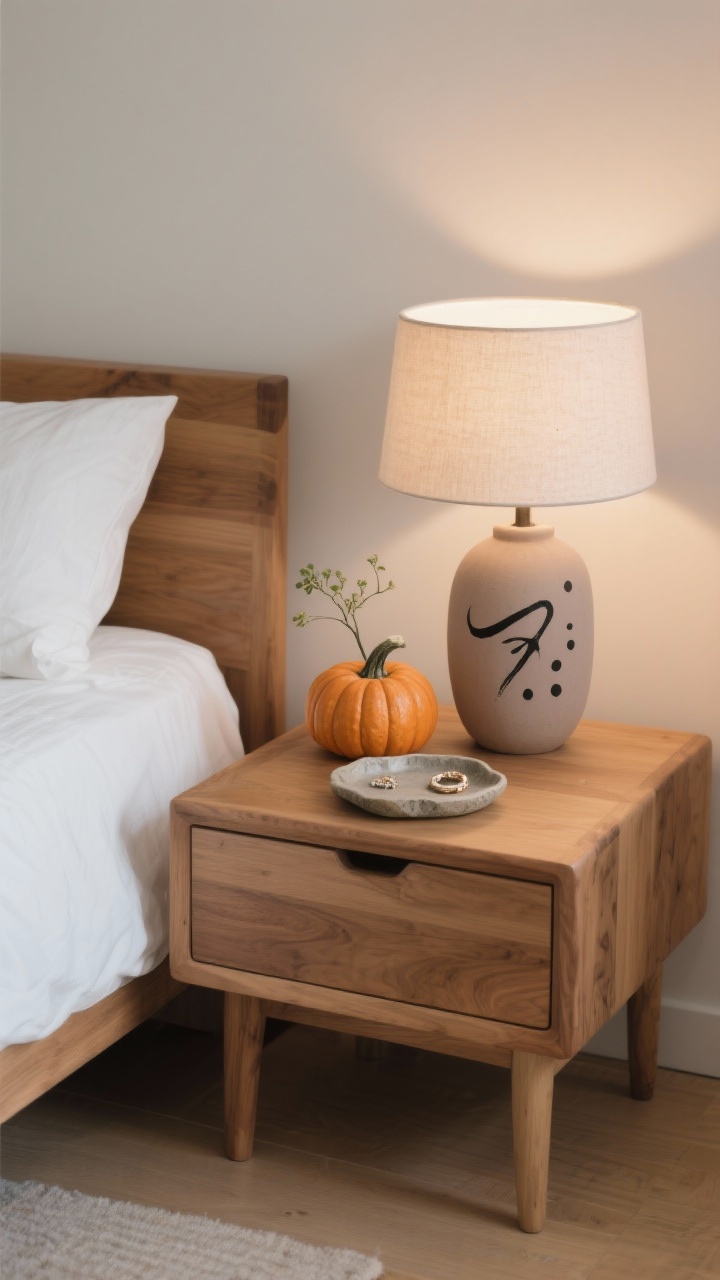 Photorealistic closeup nightstand scene, straight-on: Japandi style low oak nightstand with a rounded-edge lamp beside crisp white bedding and a stoneware jewelry tray. Two tiny pumpkins painted warm putty and soft taupe, adorned with restrained black calligraphy-style brushstrokes—a swoop, a dot cluster, a thin ring. A single sprig in a bud vase adds quiet height. Matte paint finishes; soft, warm bedside lighting for a calm, zen, sophisticated feel.