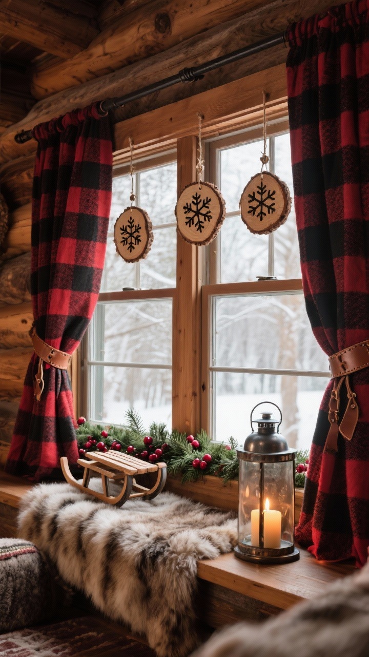 Photorealistic corner-angle medium shot of a “Cozy Cabin Paneled Window”: buffalo check curtains in black and red tied back with leather straps. On the sill, a plush faux fur runner with rustic metal lanterns holding pillar candles. Wood-slice ornaments with burnt-in snowflake designs hang in front of the panes, and a small pine garland dotted with cranberries drapes along the frame. A tiny sled leaned casually against the window. Materials showcased: wood, wool, faux fur, metal; warm, lodge ambience.