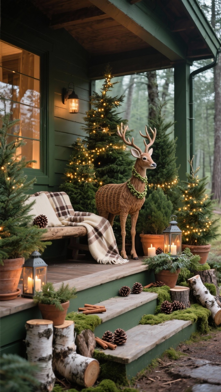 Photorealistic corner-angle medium shot of a woodland lodge porch: clusters of evergreen potted trees in varying heights wrapped in warm micro-LEDs; birch logs and mossy accents lining the steps; pinecones and cinnamon sticks tucked among the pots; a rustic bench draped with a cream-and-plaid blanket; a grapevine/rattan deer figure standing beside the arrangement; lanterns with flickering candles; palette deep green, warm browns, cream, touches of plaid; cozy forest mood.