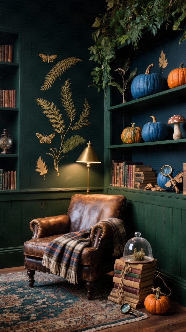 Photorealistic corner medium shot, Moody Library Lounge With Botanical Edge: inky wall backdrop, worn leather club chair, brass reading lamp casting a focused pool of warm light across a vintage rug and dark wood shelves. Deep forest green and midnight blue painted pumpkins tucked among shelf vignettes like curiosities, featuring hand-painted antique-gold botanical illustrations—ferns, moths, mushrooms—and a few dried leaves decoupaged onto the surfaces for texture. Accessories: stacks of old books tied with twine, a magnifying glass, and a small cloche with a faux specimen. Plaid wool throw on the chair. Enchanted academia mood; no people.