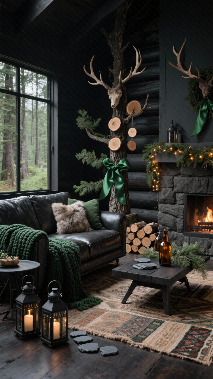Photorealistic corner wide shot of a moody forest cabin living room with deep greens, charcoal grays, and matte black; tree adorned with wood slice ornaments, faux antler accents, and emerald satin ribbon; leather sofa draped with a dark green knit throw, tweed and faux fur pillows; black metal lantern cluster on the floor, slate coasters on a dark wood side table; evergreen branches in amber bottles; layered kilim rug over jute; stack of split logs near a hearth; chunky mantel garland with warm twinkling micro-lights; dramatic, cozy atmosphere.