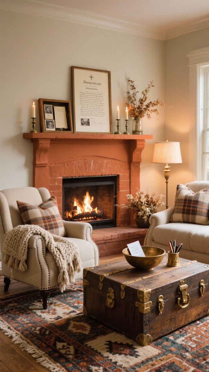 Photorealistic cozy fireside lounge, medium shot from a slight corner angle: fireplace or faux mantel as focal point with warm terracotta and cream palette, accents of antique brass and weathered wood; pair of upholstered club chairs draped with a chunky knit throw; trunk-style coffee table; mantel styled with taper candles, framed hymn lyrics, and a small arrangement of dried florals; plaid wool pillows and a handwoven kilim rug adding pattern; shadow box displaying mementos (ordination program, first sermon notes copies, early church photos); a gratitude bowl with notecards and pens on the coffee table; dim, layered lamp lighting for a toasty ambiance, no people.