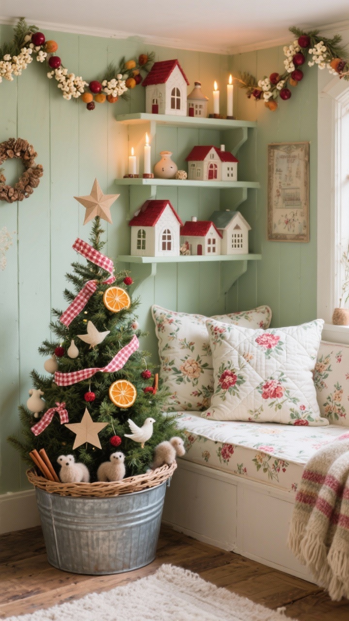 Photorealistic cozy nook medium shot with cottagecore charm in soft greens, berry reds, and creamy whites; smaller Christmas tree set in a galvanized tub or wicker basket, decorated with dried orange slices, cinnamon sticks, handmade paper stars, gingham ribbon, ceramic birds, and felted animals; seating with floral chintz and quilted pillows, vintage-style wool throw; shelves styled with stacked storybook houses; simple garland of dried fruit and popcorn strands with lit taper candles creating a gentle, handmade warmth.