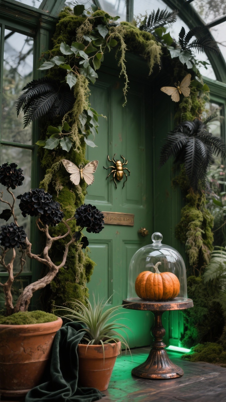 Photorealistic detail closeup from a low angle of a mossy green doorframe draped in a cascading garland of faux ivy, Spanish moss, and black-tinted ferns; tucked among leaves are subtle insect accents—brass beetles, paper moths, and a perched faux spider; in the foreground, terracotta pots display twisted branches and black-painted dried hydrangeas; a glass cloche covers a “specimen” mini pumpkin beside an air plant; green uplighting at the base casts eerie shadows across foliage and oxidized metal; textures emphasize terracotta, glass domes, aged metal, and velvet ribbon; palette: moss, olive, charcoal, oxidized copper; mysterious Victorian conservatory mood.