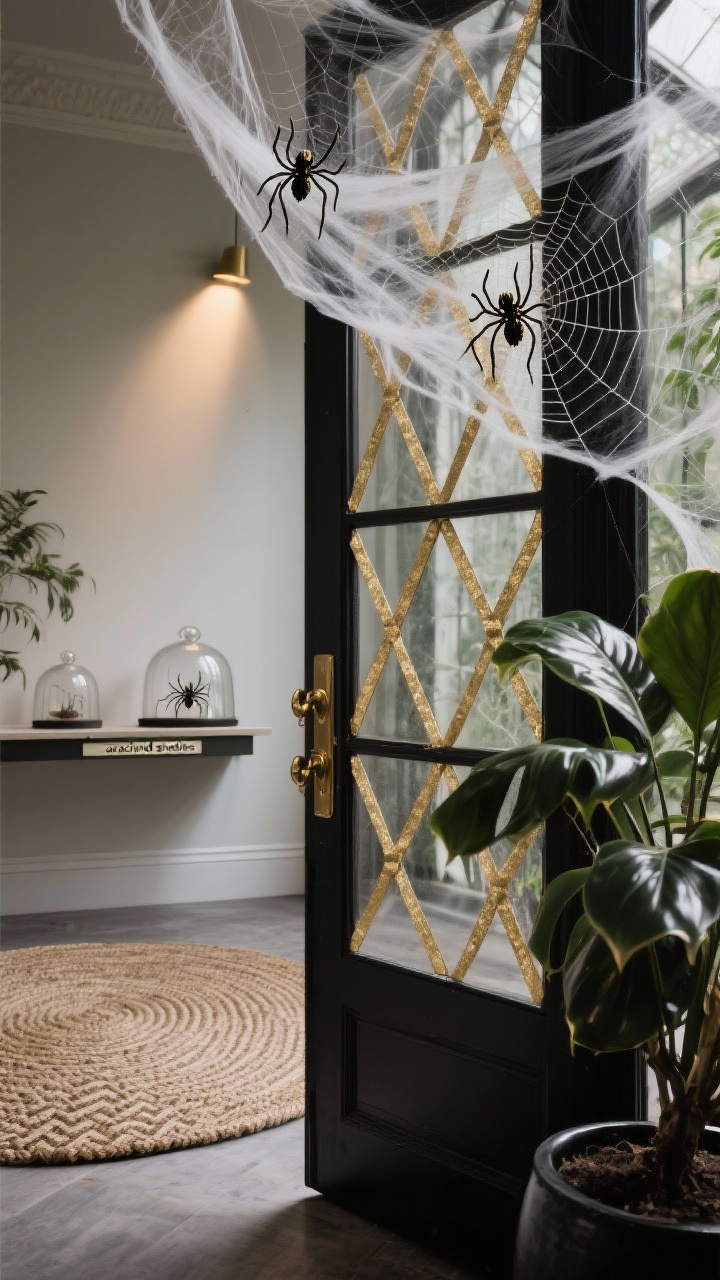Photorealistic detail closeup of a spider silk conservatory door, angled macro; forest black door with glass panes crisscrossed by precise gold tape lattice; gauzy webs draped in fine layers catching soft upward spotlights; elegant brass spiders tucked into the webbing; edge of a glossy-leaf plant in a matte black pot peeking into frame; textiles hinted at below: a herringbone mat on a round sisal rug; a narrow console beyond holds specimen cloches labeled “arachnid studies”; refined botanical creep, subtle shimmer.