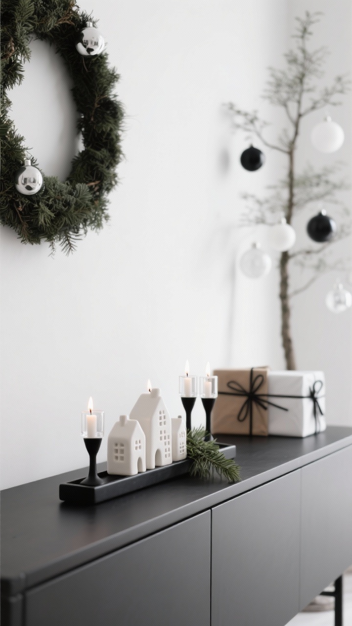 Photorealistic detail closeup on a minimalist monochrome console vignette in black, white, and soft gray; a single ceramic village arranged linearly, low black linear candleholders with small flames, clear glass accents, and a sprig of fresh greenery; in soft, crisp lighting; blurred background hints of a slim tree with matte black and white ornaments and transparent baubles, kraft and white wrapped gifts with black twine; an asymmetrical wreath on a blank white wall; clean, high-contrast calm.