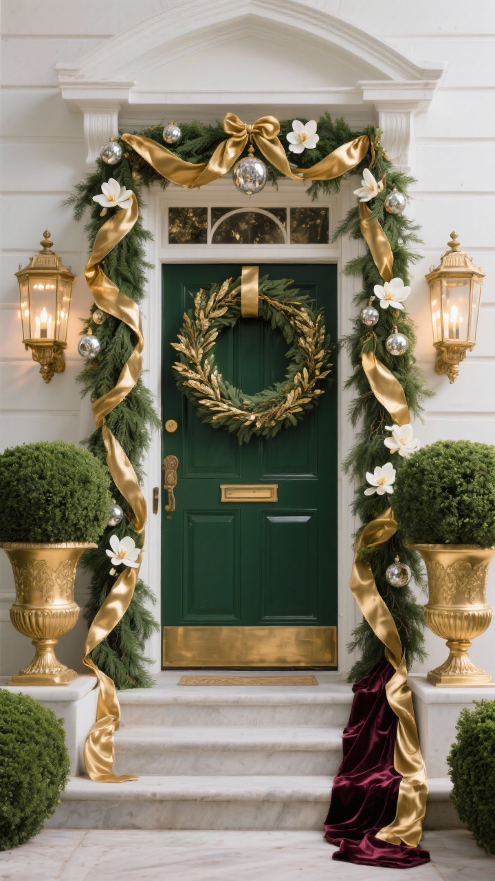 Photorealistic grand entrance wide shot, straight-on, Gilded Old-World Elegance: lush cedar and magnolia garlands layered with cascading gold ribbon and antique-style mercury glass ornaments framing the doorway. Matching urn planters with boxwood topiaries on either side, flanked by gold-finished lanterns with warm white LEDs featuring a gentle flicker. Color palette: deep green, oxford white, aged gold, claret. A statement oversized laurel wreath with velvet ribbon tails that trail to the steps.