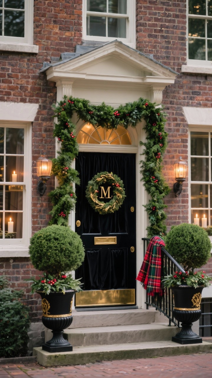 Photorealistic historic brick townhouse facade, medium-wide, straight-on, Classic style: thick boxwood garland framing the door with black velvet ribbon, brass window candles glowing in each pane on dusk timers. Symmetrical holly topiaries in black urns with subtle gold detailing on the stoop. A tartan scarf tied to the railing for a heritage touch. Color palette: deep green, black, brass, whisper of tartan red. Door features a monogrammed aged-brass wreath medallion.