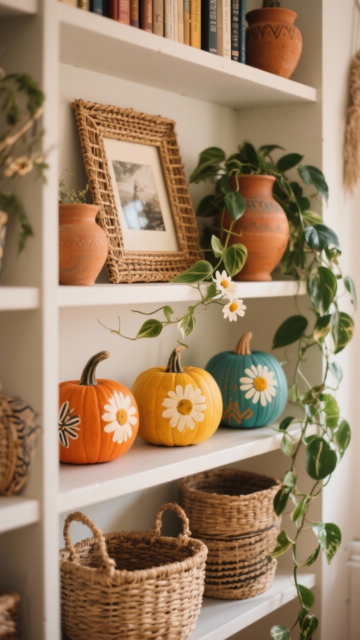 Photorealistic medium bookshelf shot from a slight side angle: boho styling with woven baskets, a rattan-framed photo, pottery in warm earth tones, and a trailing pothos weaving between shelves. Three to four tiny pumpkins painted terracotta, mustard, and teal with loose, painterly cream-and-white folk-art daisies and scribbly leaves, some petals trailing over the pumpkin sides. One pumpkin per shelf for rhythm and balance. Warm, natural light; artsy, collected mood.