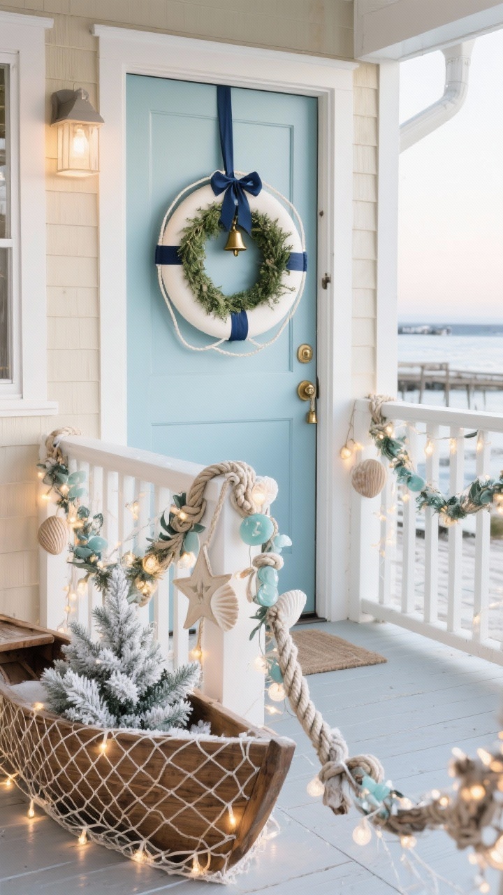 Photorealistic medium coastal porch scene, side angle, Coastal Holiday Harbor: rope garland with twinkly lights draped along the railing, nautical knots, bleached shells, and driftwood stars. Color story of sea-glass blues, soft whites, sandy beige, and silver hints. A life preserver used as a wreath wrapped in greenery on the door with navy ribbon and mini brass bells. Include a wooden dinghy planter filled with frosted evergreens and soft white string lights tucked into fishnet for textured sparkle.