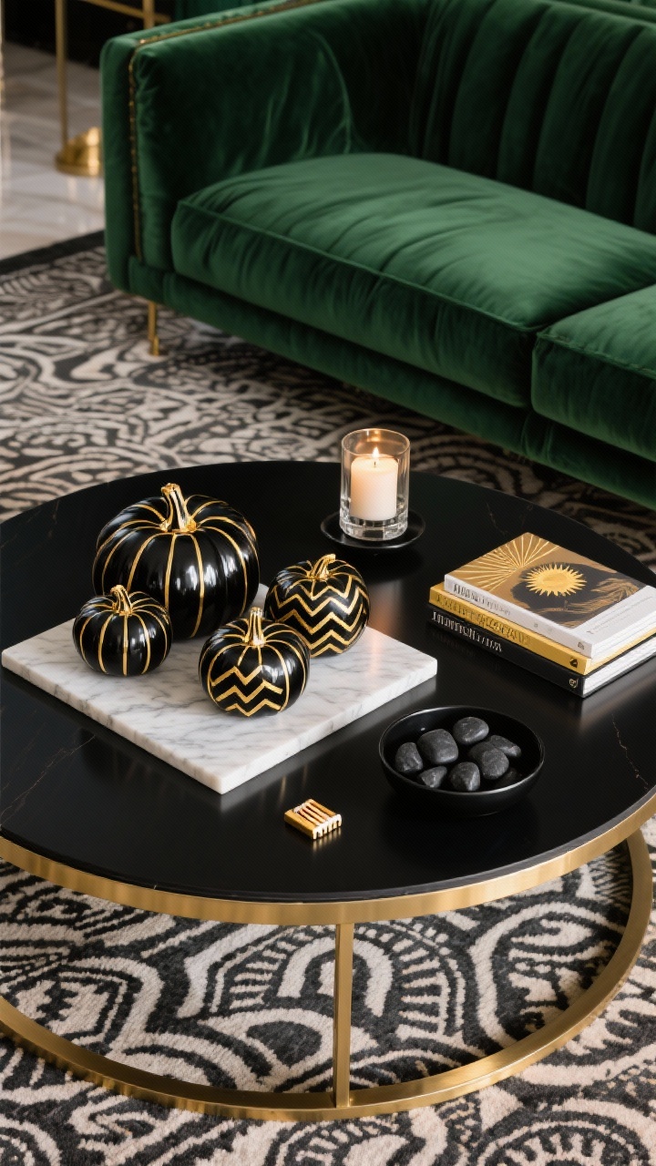 Photorealistic medium coffee table scene from a low angle: round black table with a thin brass edge, deep green velvet sofa and patterned rug in the background. Mini pumpkins painted glossy black with precise gold geometric lines—chevrons, sunbursts, stepped arches—arranged on a square marble slab next to a black-and-gold match striker. Add stacked art books and a low bowl with black river stones. A small glass candle lit to cast a glam glow on the gold details; Deco, dramatic atmosphere.