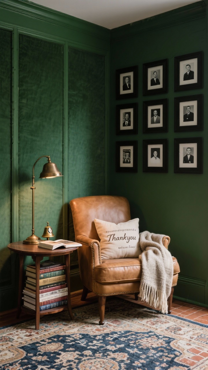 Photorealistic medium corner reading nook, angled from the side: deep moss green walls (or canvas panels) create a library-like calm; camel leather armchair beside a walnut side table; stack of curated books—devotionals, history, and a photo album—under a bronze reading lamp; vintage-style Persian rug in faded brick and navy for depth; wall grid of black-and-white congregation photos in simple black frames; wool throw and a linen pillow stitched with scripture/thank-you line; small brass bell or heirloom clock on the table; soft, focused lamp lighting, no people.
